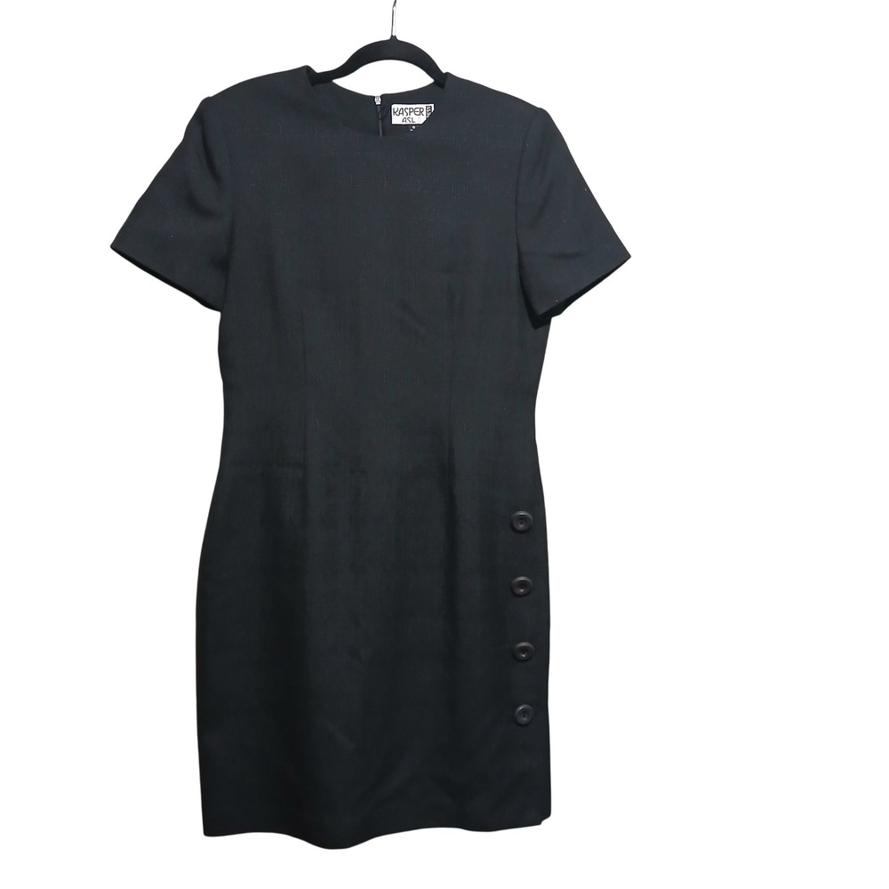 Kasper ASL Black Short‎ Sleeve Button Detail Sheath Dress Women's Size 10